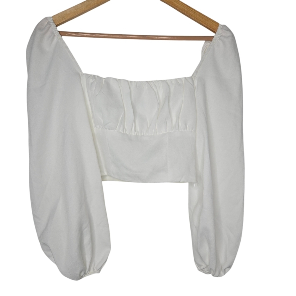 PRINCESS POLLY ARIAH Long Balloon  Sleeve Crop Top Size 2 White